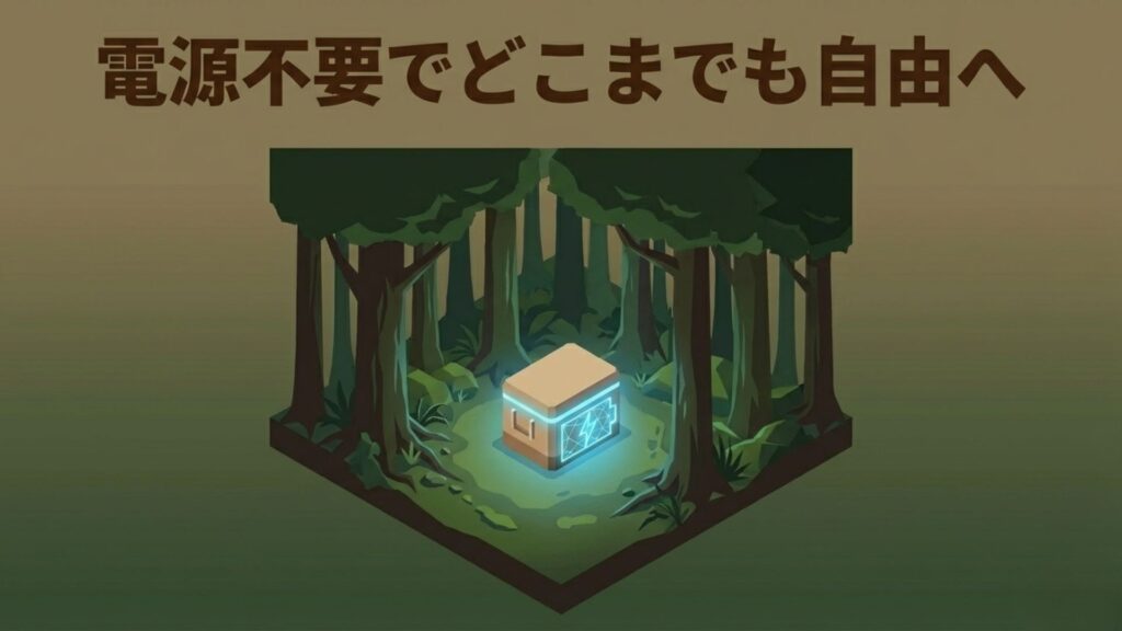 森の奥深く、電源がない場所でも単独で稼働して光る充電式クーラーボックスのイラスト