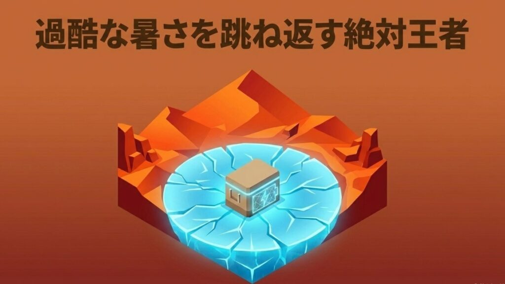 灼熱の環境下でも氷のドームに守られて冷気を保つクーラーボックスのイラスト