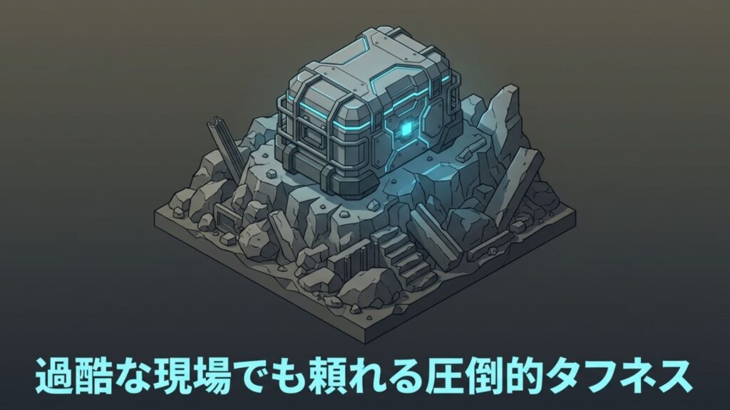 岩場や瓦礫のような過酷な現場に置かれた装甲の厚い頑丈なクーラーボックスのイラスト