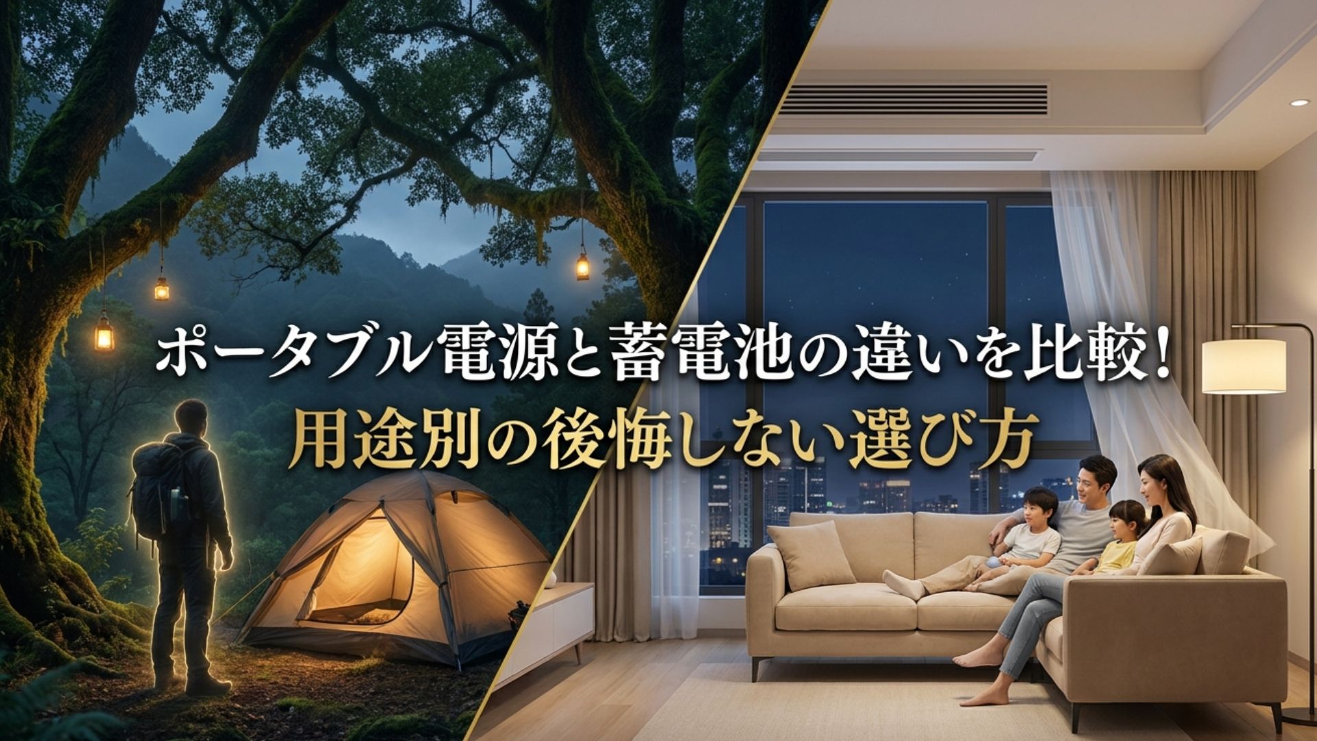 夜のキャンプ場と自宅のリビングを左右に対比し、ポータブル電源と蓄電池の用途の違いを表した場面