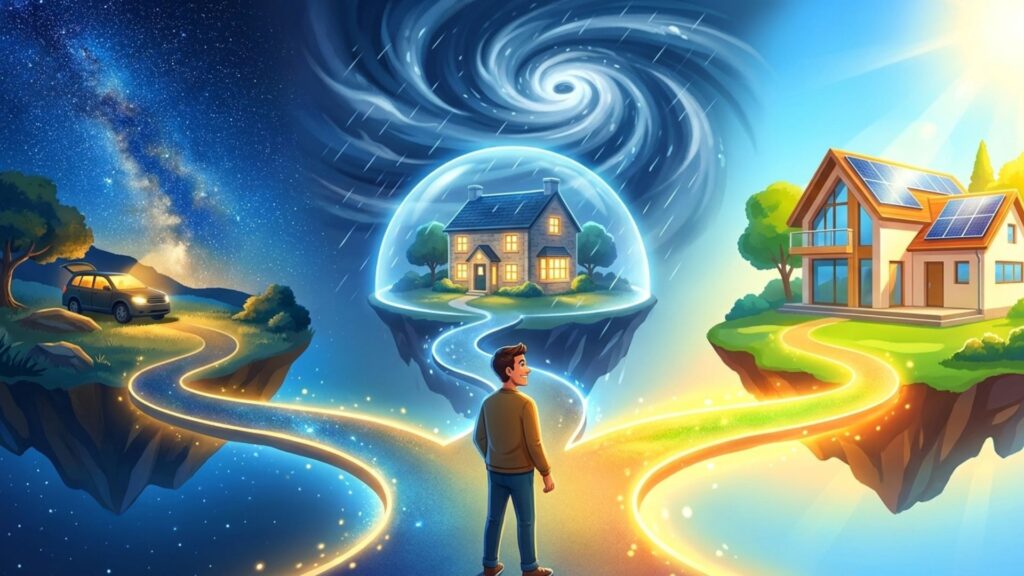 車での持ち出し、荒天時の住宅、太陽光パネル付き住宅へ分かれる道を前に選択する人物