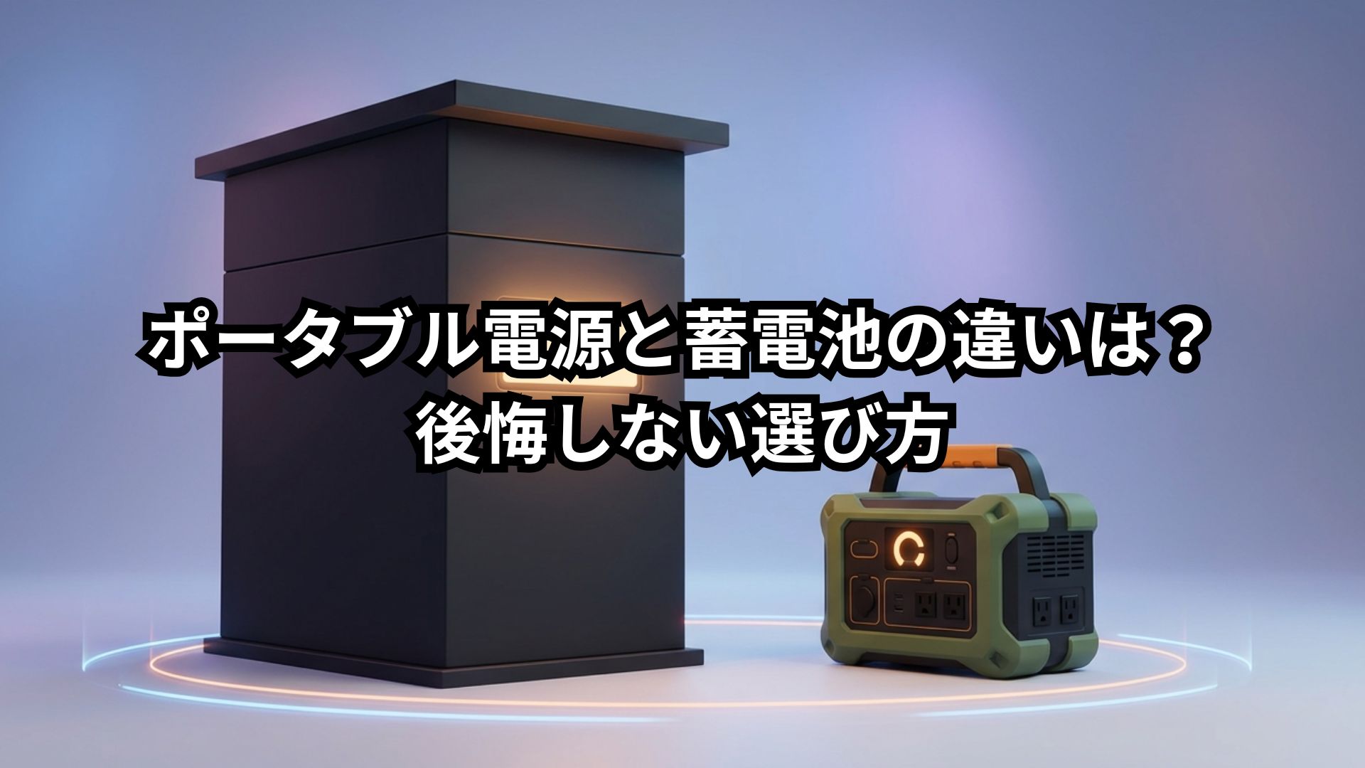 家の前に設置された大型の据え置き型家庭用蓄電池と、屋外でも使える迷彩柄のポータブル電源を並べた比較イメージ