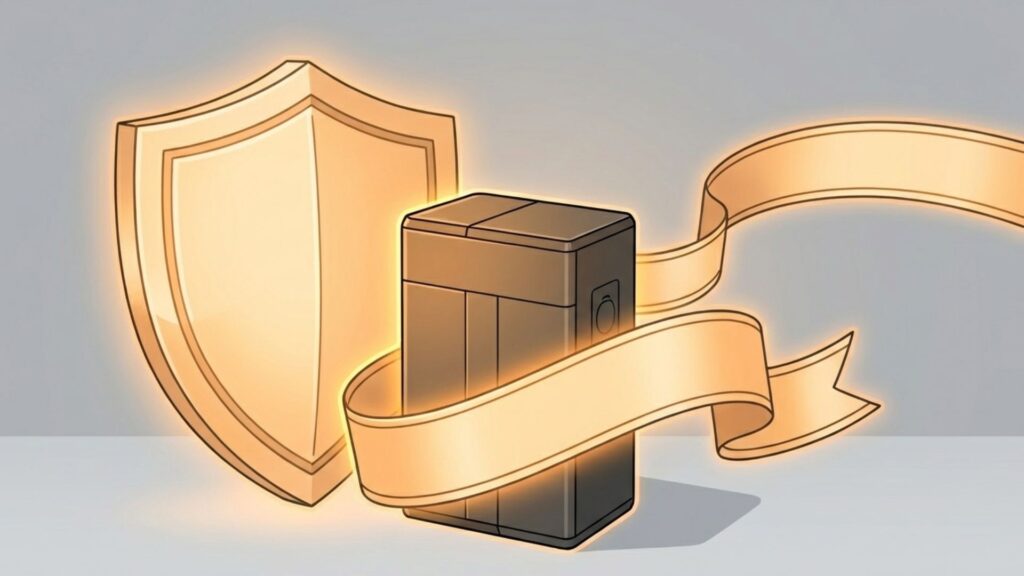 盾(シールド)とリボンに守られたポータブル電源。高い安全性と品質を表現