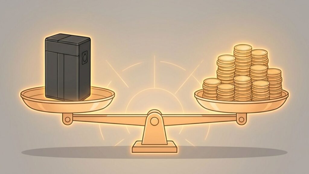 天秤の片側にポータブル電源、もう片側に大量の硬貨が乗っている、コスパ比較の図解