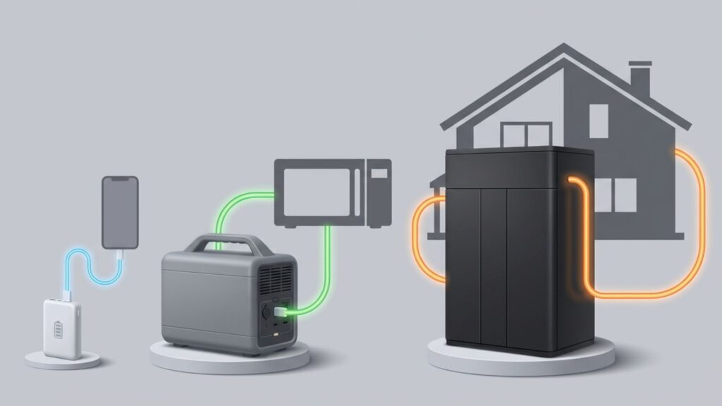 スマートフォンとタブレットの横に置かれた小型のモバイルバッテリーのイラスト