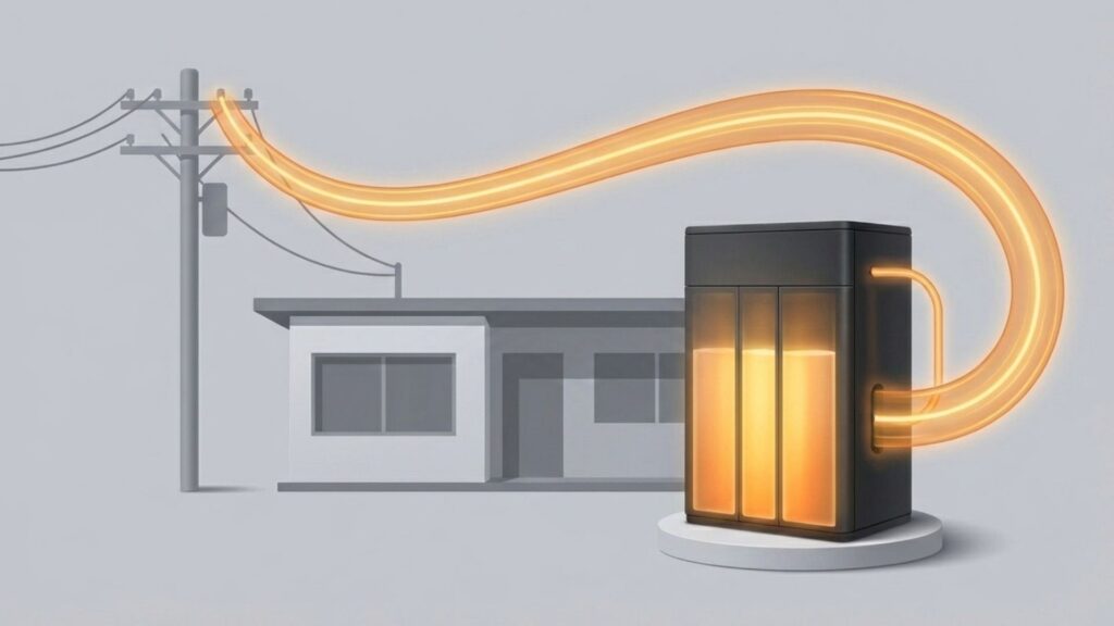 住宅の横に設置された蓄電池が、直接電柱からの送電線と繋がっている図解