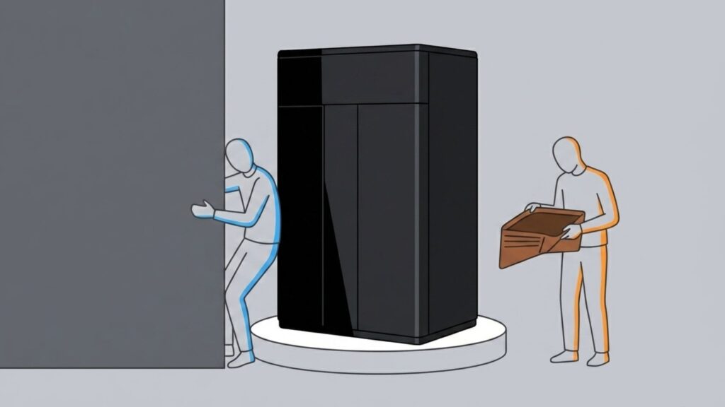 巨大な蓄電池の設置スペースを検討する人と、高い費用を気にする人のイラスト