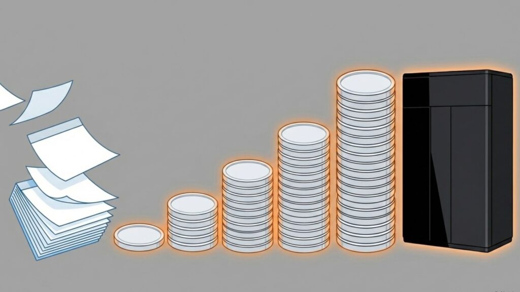 住宅の屋根からコインが降っているような、電気代節約と投資回収をイメージしたイラスト