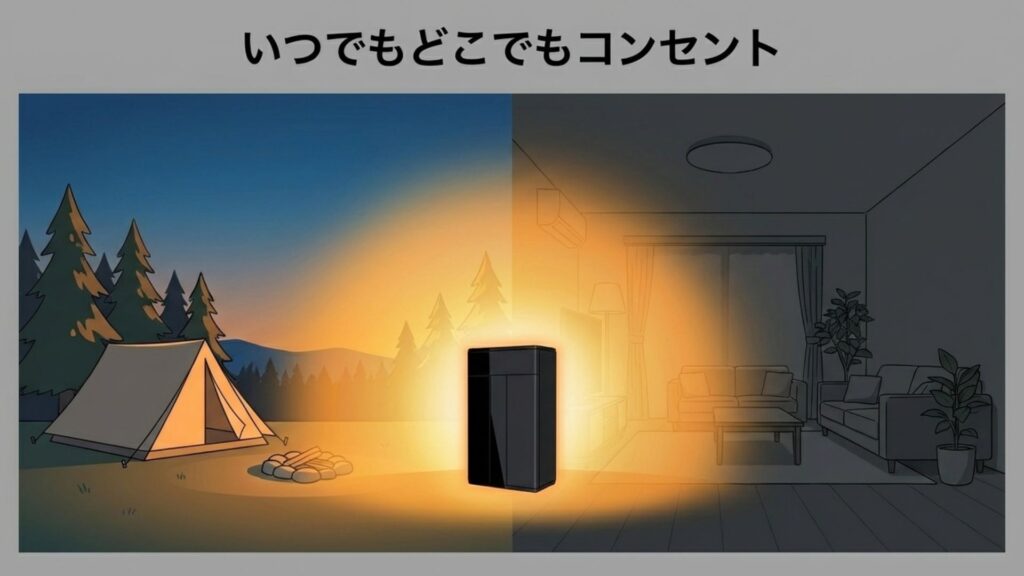 夜のキャンプ場でのテント泊と、停電した夜のリビングでポータブル電源を使っている比較図