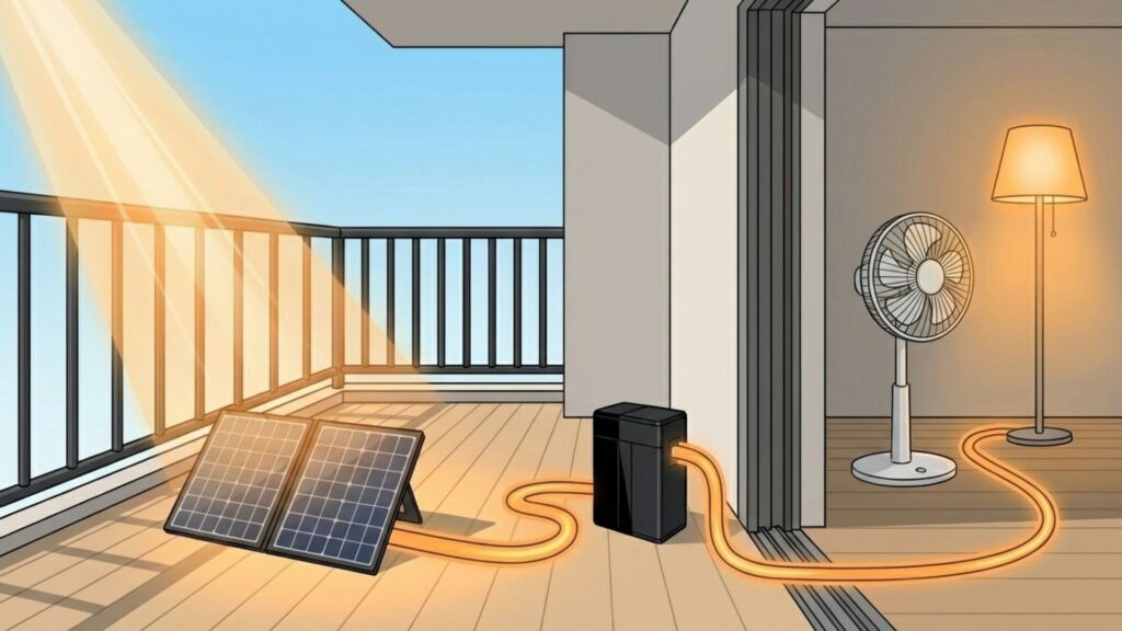 ベランダに設置したソーラーパネルからポータブル電源へ充電し、室内の扇風機や照明を動かすイメージ
