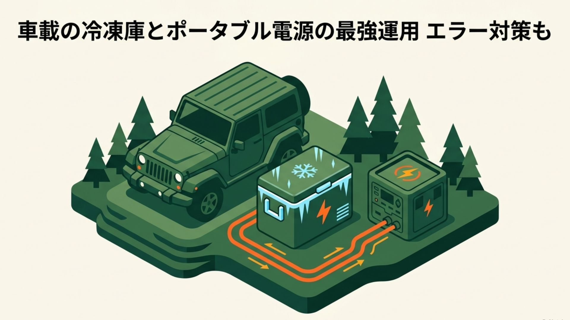 アウトドア環境で車とポータブル冷凍庫、ポータブル電源を接続して運用しているイメージ図