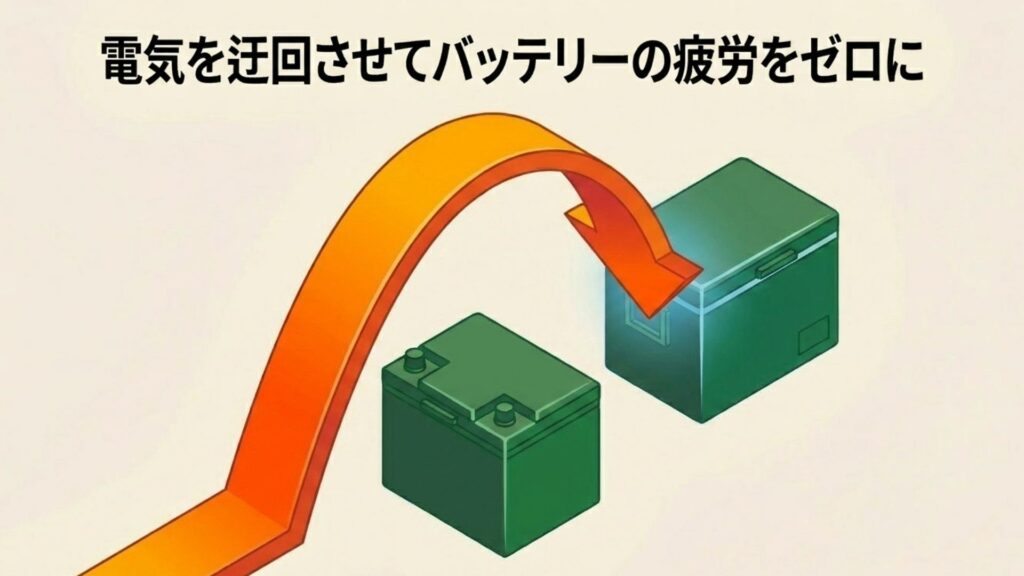 電気を迂回させる回路の図。バッテリーを通さず電力を供給するバイパス機能の図解