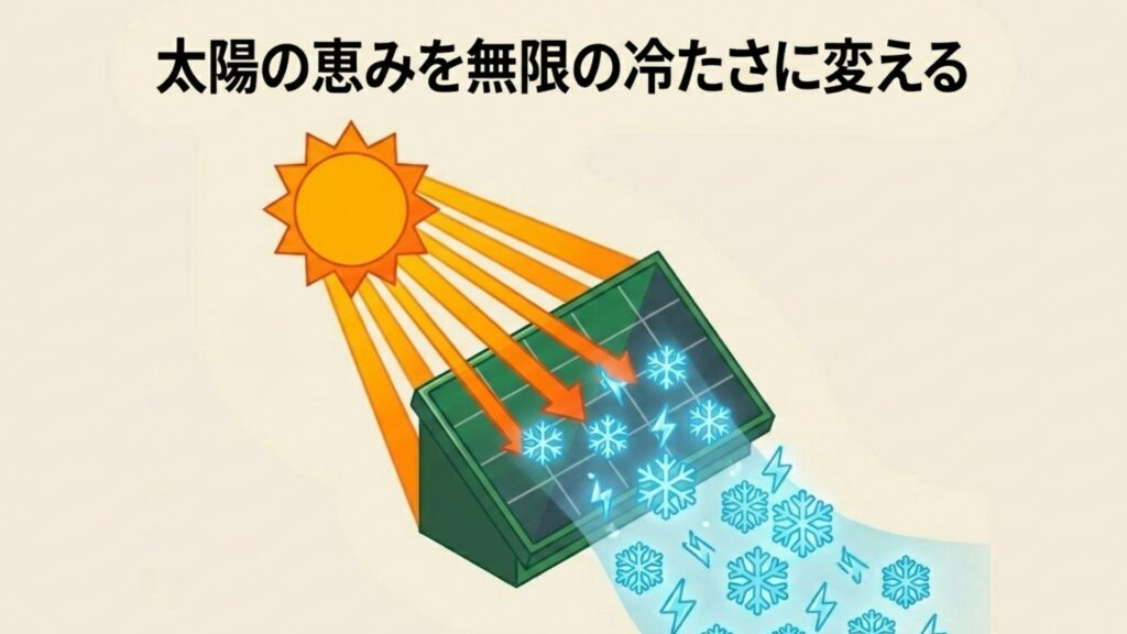 太陽光を受けて雪の結晶（冷たさ）を生成しているソーラーパネルの図
