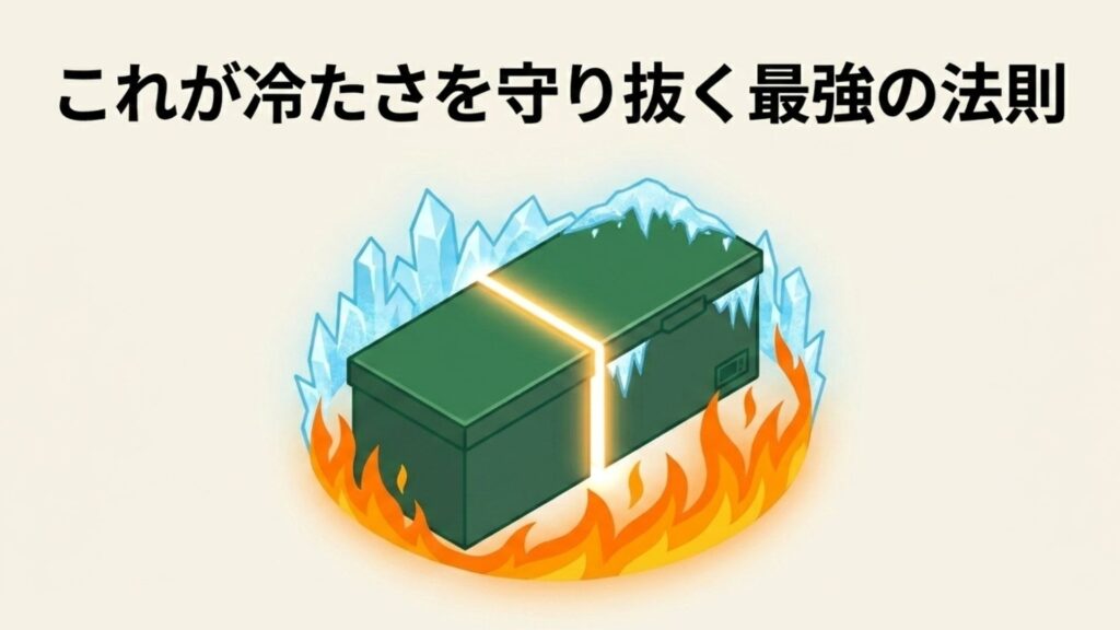炎と氷の結晶に挟まれた冷凍庫の図。過酷な環境下でも冷たさを守り抜く最強運用のコンセプト