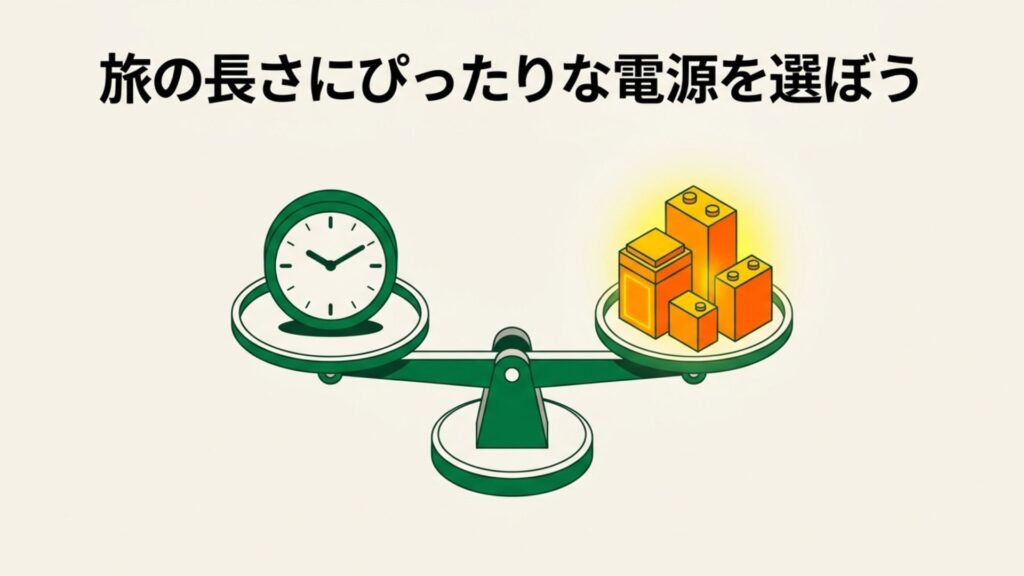 天秤に載った時計とバッテリーの図解。容量と時間のバランスを視覚化したもの