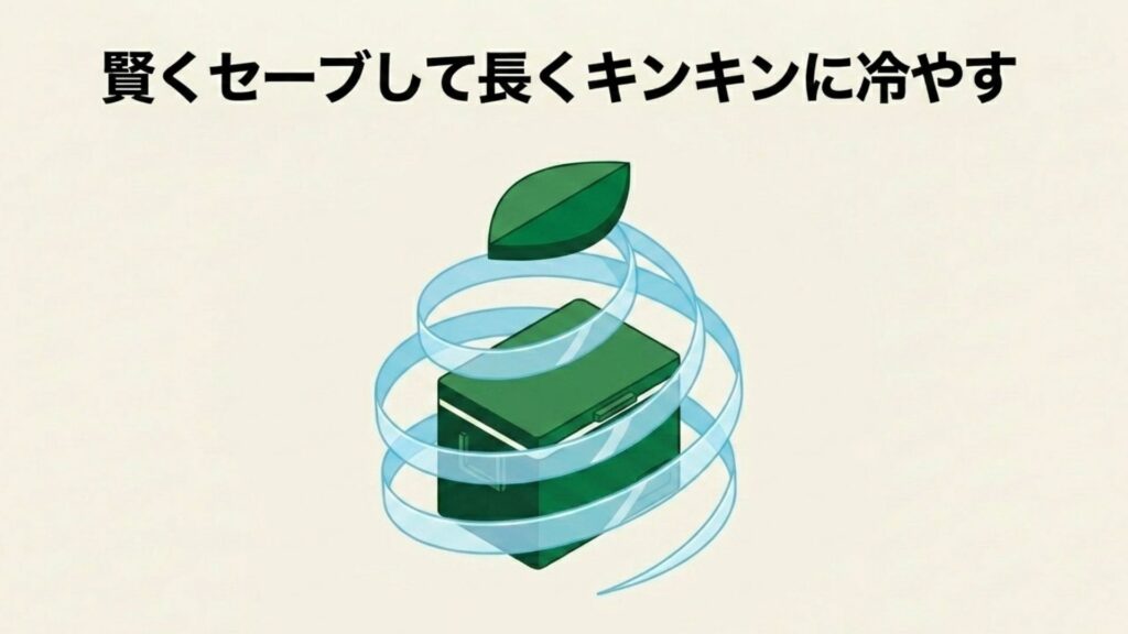 冷凍庫の周りを葉っぱのアイコンが渦巻く図。省電力（ECOモード）による効率的な冷却を表現