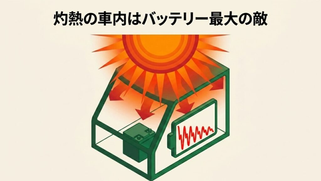 車内に太陽光が差し込み、冷凍庫内部でバッテリーのグラフが乱れている図。高温環境の負荷を表現