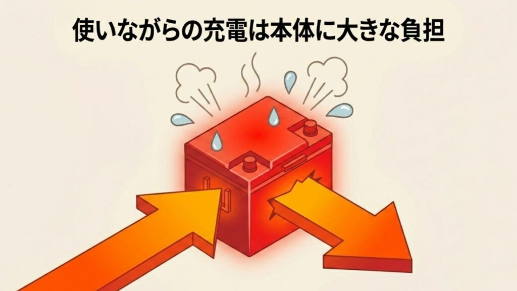 熱で汗をかきながら充放電するバッテリーの図。負荷がかかっている様子