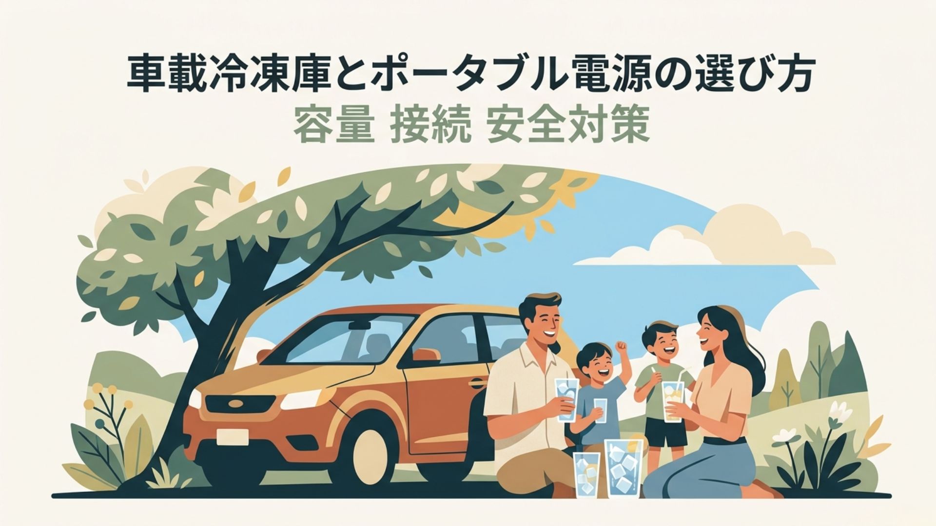 車のそばで冷たい飲み物を楽しむ家族と車載冷凍庫・ポータブル電源の選び方を示すタイトル