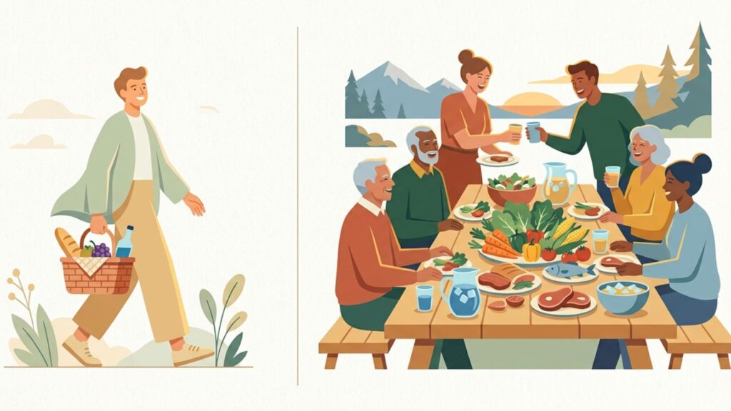 食べ物を持って出かける人物と大人数で屋外の食事を楽しむ人々を対比した場面