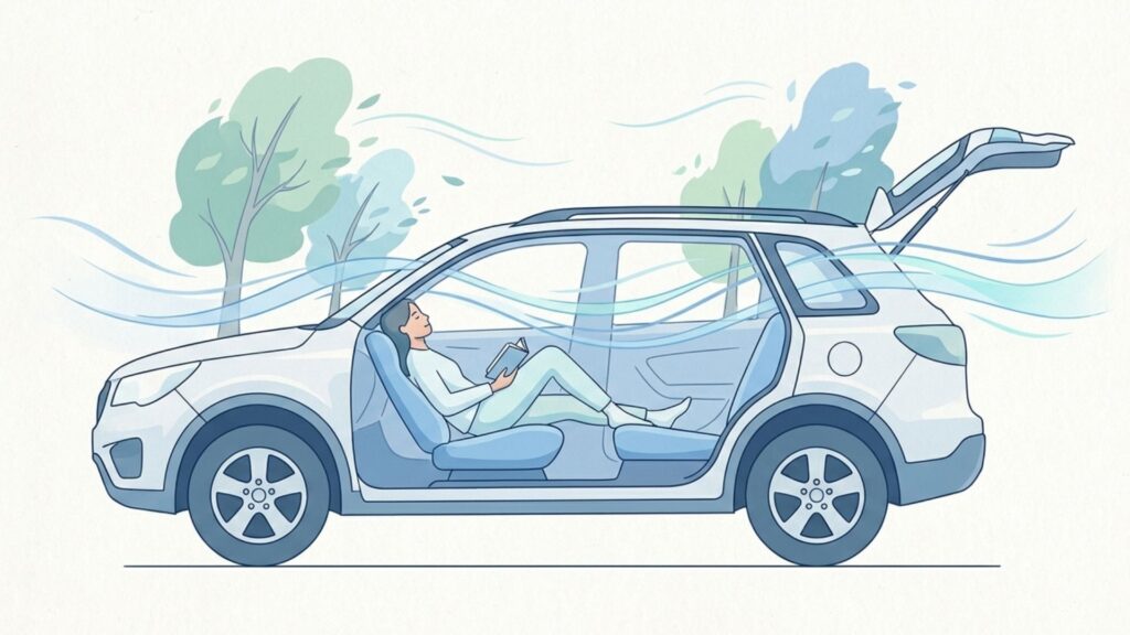 開放された車内に風が通り抜ける中で過ごす人物