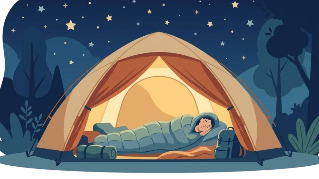 夜のキャンプ場でテントの中の寝袋で眠る人物