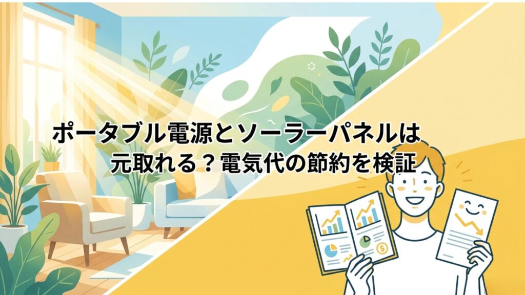 日差しの入る室内と電気代の収支を確認する人物を描いた、ポータブル電源とソーラーパネルの経済性を表すアイキャッチ