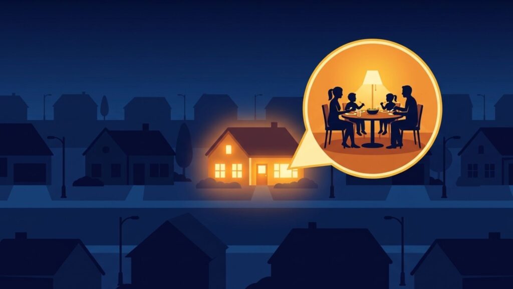停電した夜の住宅街で明かりのついた家と室内で食卓を囲む家族を描いた場面