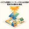 家の屋根に見立てた巨大なソーラーパネルからポータブル電源に電気が送られ、家へ給電されるイメージイラスト