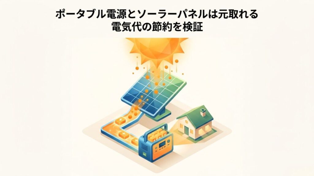 家の屋根に見立てた巨大なソーラーパネルからポータブル電源に電気が送られ、家へ給電されるイメージイラスト