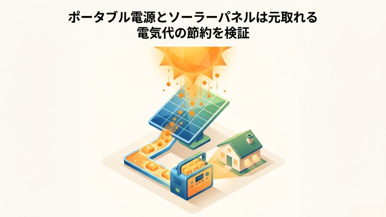 家の屋根に見立てた巨大なソーラーパネルからポータブル電源に電気が送られ、家へ給電されるイメージイラスト