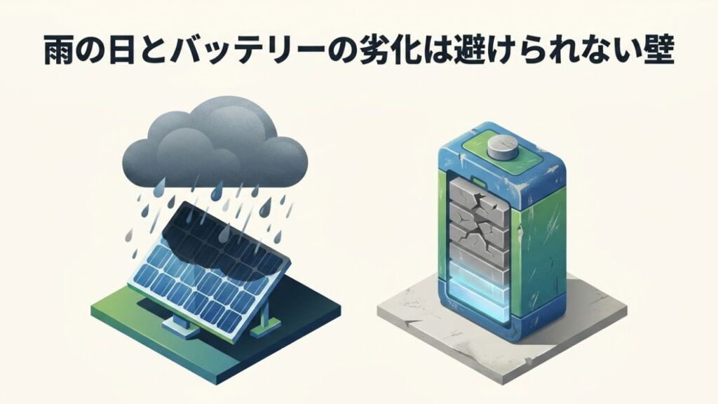 雨雲から雨が降り注ぐソーラーパネルと、劣化してヒビが入った大容量バッテリーのイラスト