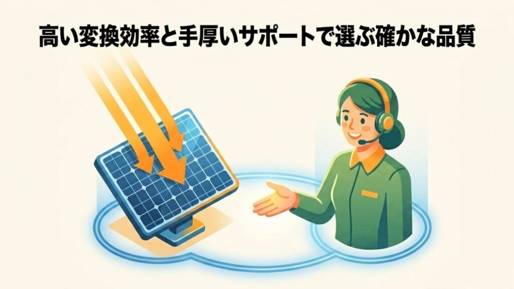 効率よく太陽光を集めるソーラーパネルと、笑顔で手厚いサポートを提供するオペレーターの女性のイラスト