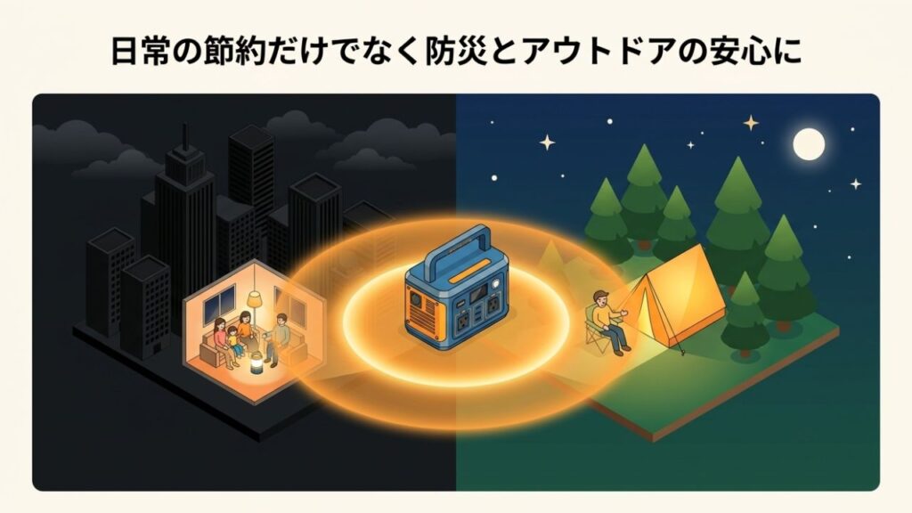 停電時の暗い室内でポータブル電源を使って過ごす家族の様子と、星空の下でキャンプを楽しむ様子がポータブル電源を中心に左右に描かれたイラスト