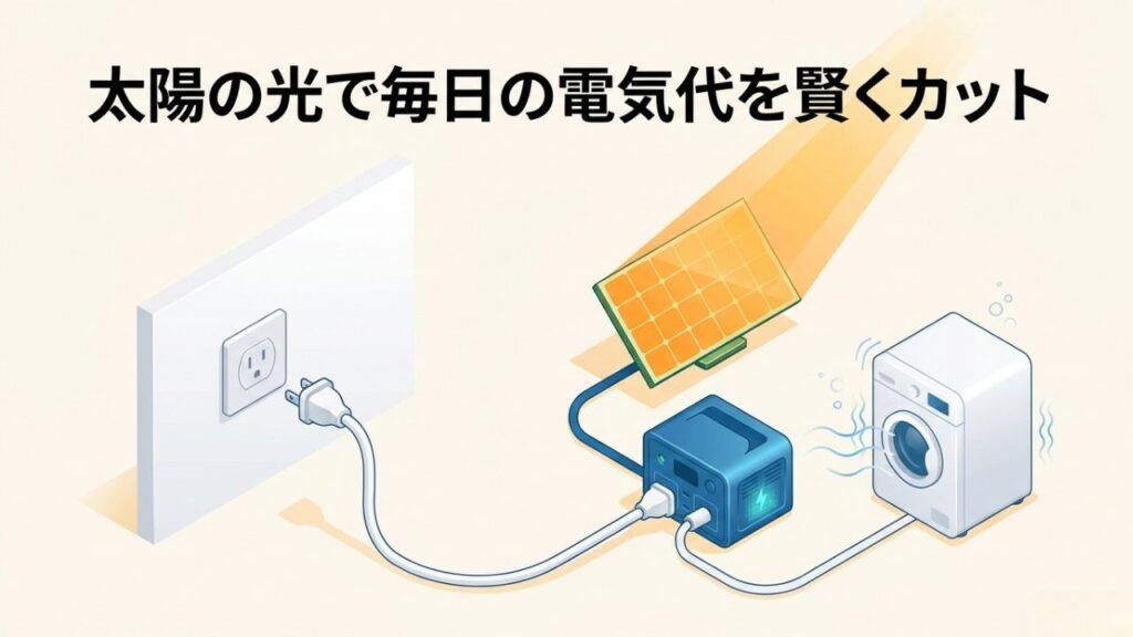 太陽光パネルで発電した電気をポータブル電源に蓄え、洗濯機などの家電を動かしているイラスト