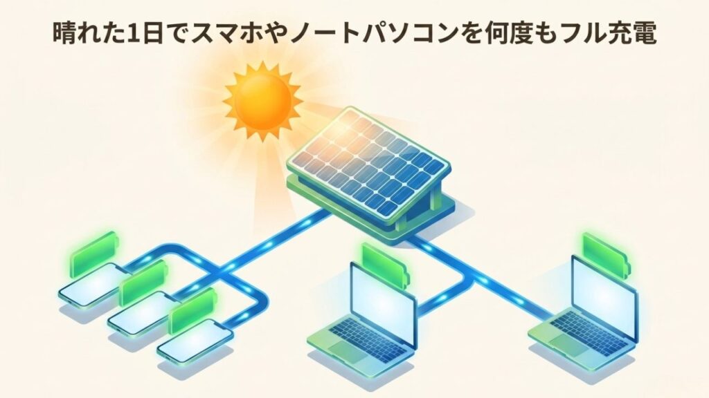 晴れた空の下でスマートフォンやノートパソコンなどのデバイスをポータブル電源で充電しているイラスト
