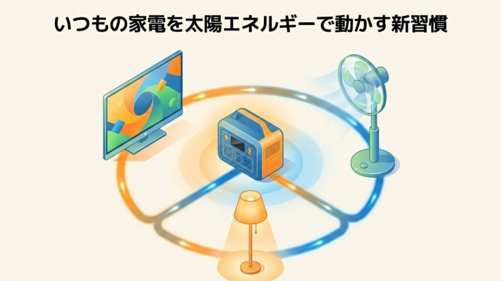 ポータブル電源を中心に、テレビ、照明、扇風機といった日常の家電へ電気が供給されているイラスト
