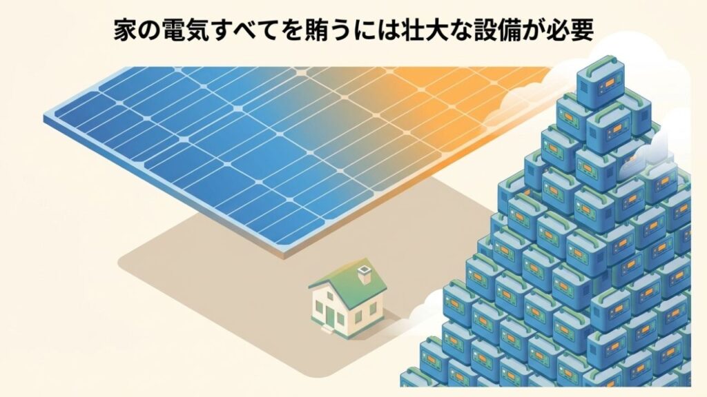 一般家庭のすべての電力を賄うために必要な、巨大なソーラーパネルと大量のポータブル電源設備のイメージ