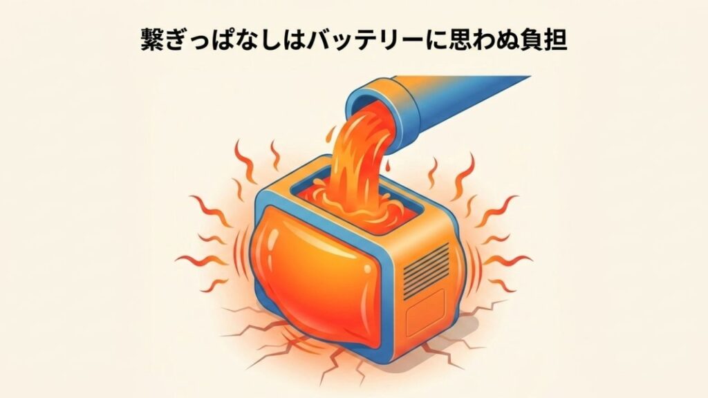 ポータブル電源に過剰な電力が流れ込み、熱を持って膨張・変形している危険な状態のイラスト