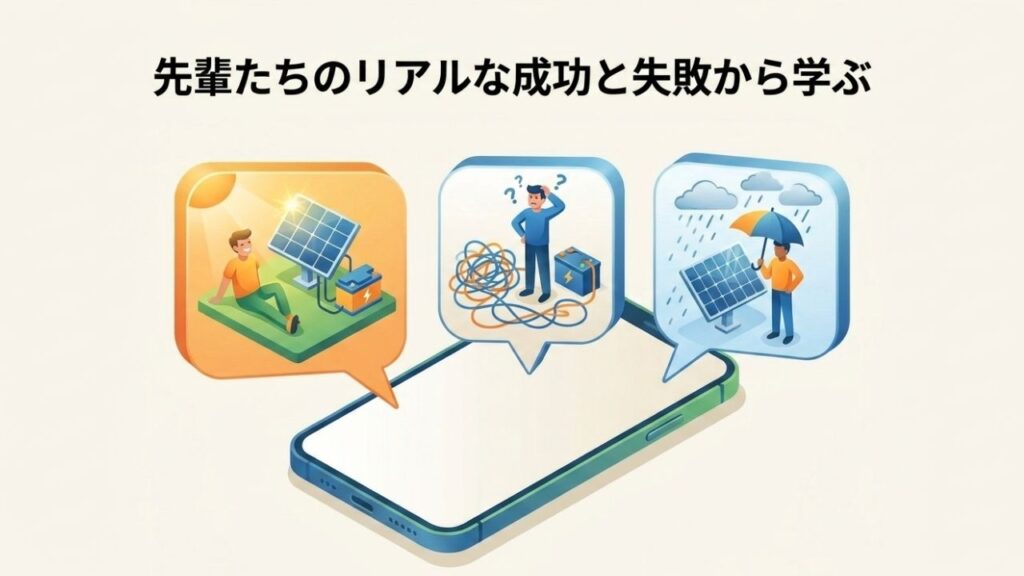 スマートフォンの画面上に、ソーラーパネルでの成功体験、ケーブル配線への戸惑い、雨の日の発電失敗などリアルなユーザーの口コミが吹き出しで表示されている様子