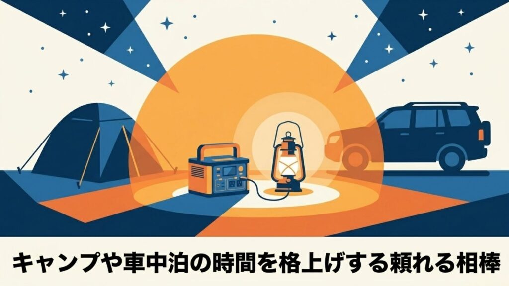 テントと車の間にポータブル電源とランタンが置かれ、キャンプや車中泊の時間を格上げする様子を描いた図
