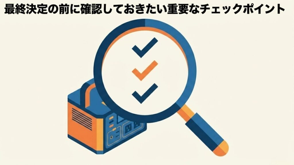 ポータブル電源を虫眼鏡で拡大してチェックマークを確認しており、最終決定の前に確認しておきたい重要なポイントを表した図