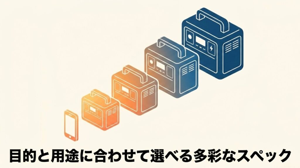 サイズの異なる複数のポータブル電源が並び、目的と用途に合わせて選べる多彩なスペックを示した図