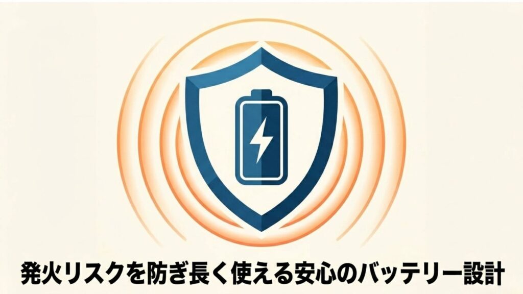 発火リスクを防ぎ長く使える安心のバッテリー設計を表現したタイトル画像