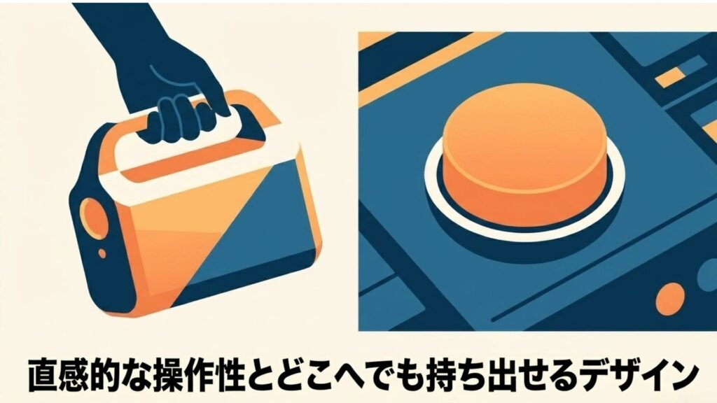 ポータブル電源の大きなボタンと、ハンドルを掴んで持ち運ぶ様子を描き、直感的な操作性とデザイン性を表した図