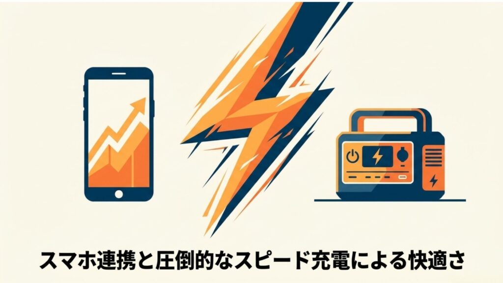 スマートフォンの画面に右肩上がりのグラフが表示され、スマホ連携と圧倒的なスピード充電による快適さを表した図