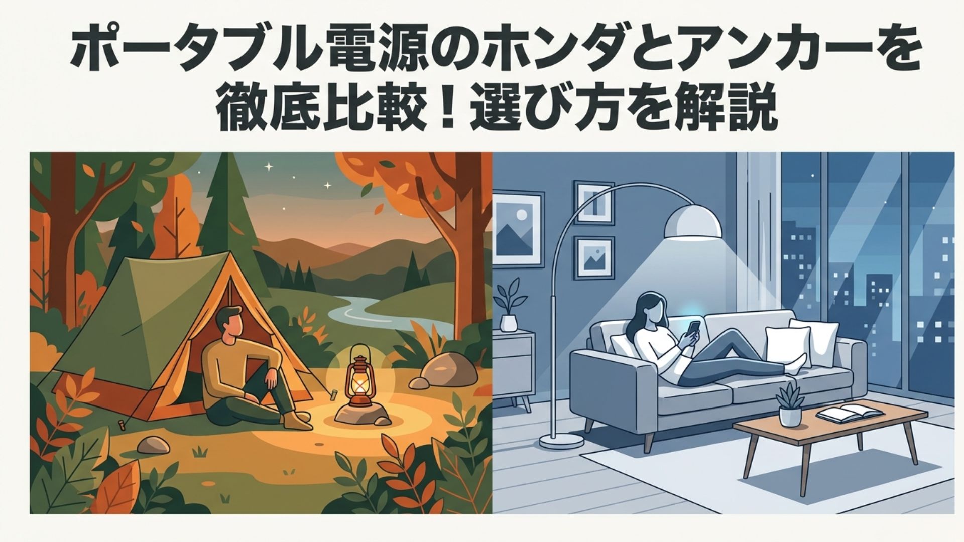 キャンプと家庭での利用シーンを対比した、ホンダとアンカーのポータブル電源比較記事のイメージ