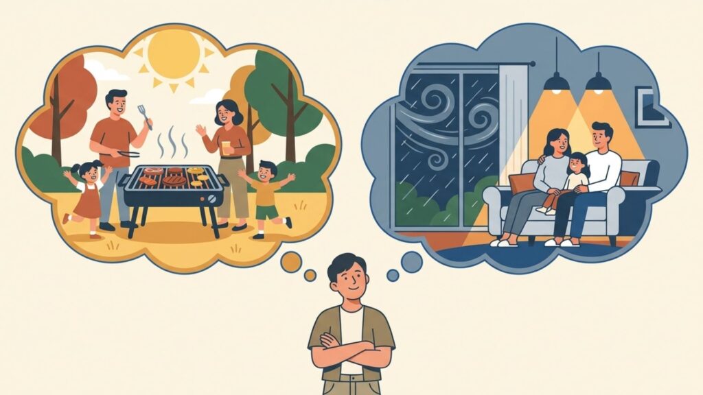 晴れた屋外で過ごす家族と悪天候時に室内で過ごす家族を対比した、キャンプと防災用途のイメージ