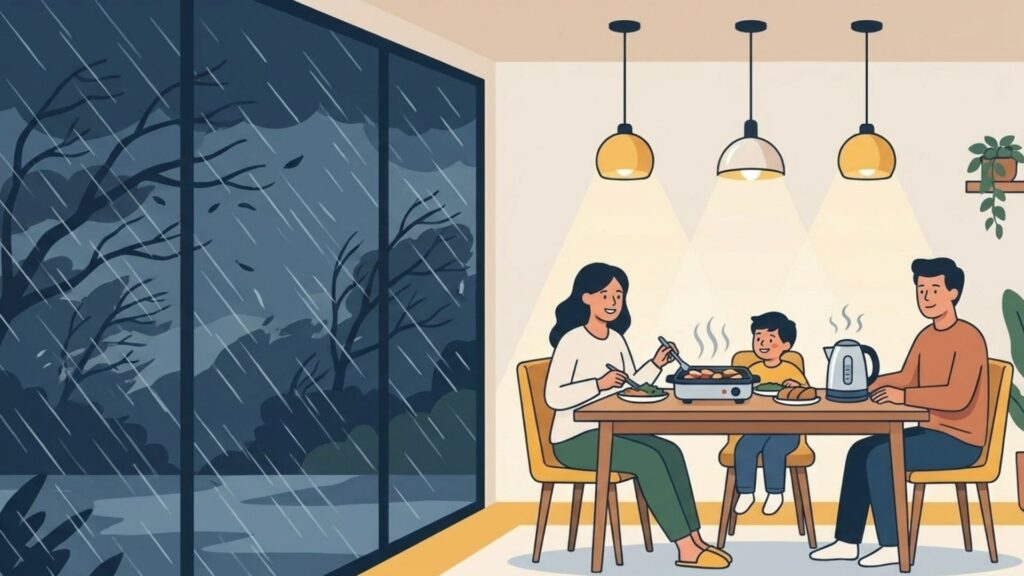 悪天候の屋外と、明るい室内で家族が過ごす防災時の生活イメージ