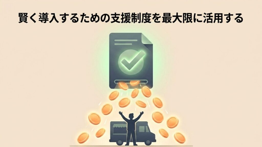承認された書類からコインが降り注ぎ、キッチンカーの前で喜ぶ事業者のイラスト